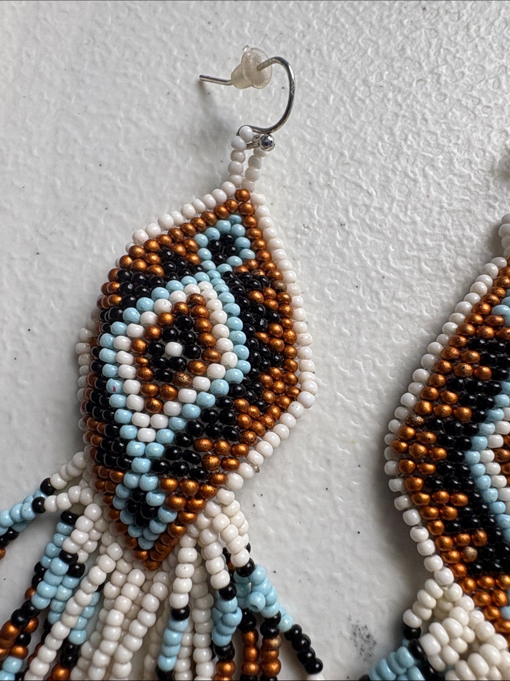 Handmade Beaded Fringe Earrings - White, Light Blue, Copper, Black - Picture 5 of 5